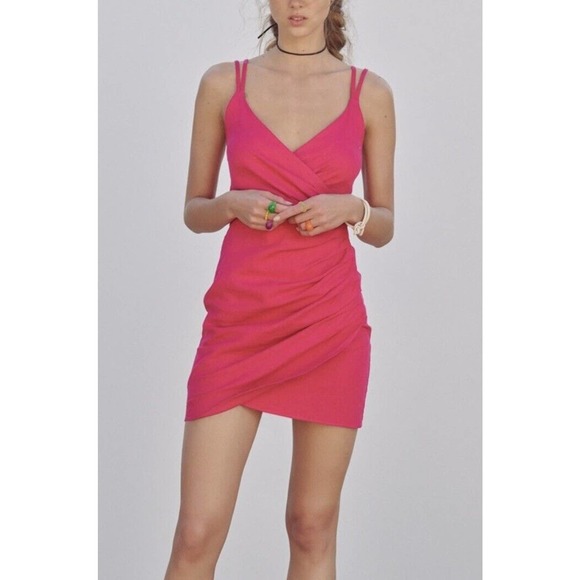 ZARA Pink Linen Faux Wrap Mini Dress Double Straps Tie Back Size XS NWT - Picture 3 of 8